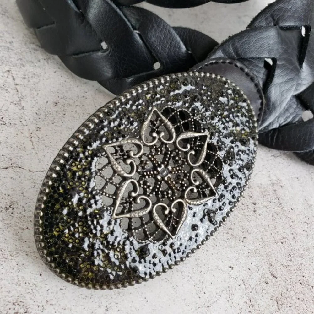 Vintage Bohemian Braided Leather Belt Enameled Metalwork Mandala Buckle